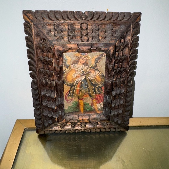 Antique Cuzco Peru Spanish Colonial Angel On Hand Carved Wood Frame Small - Picture 2 of 7